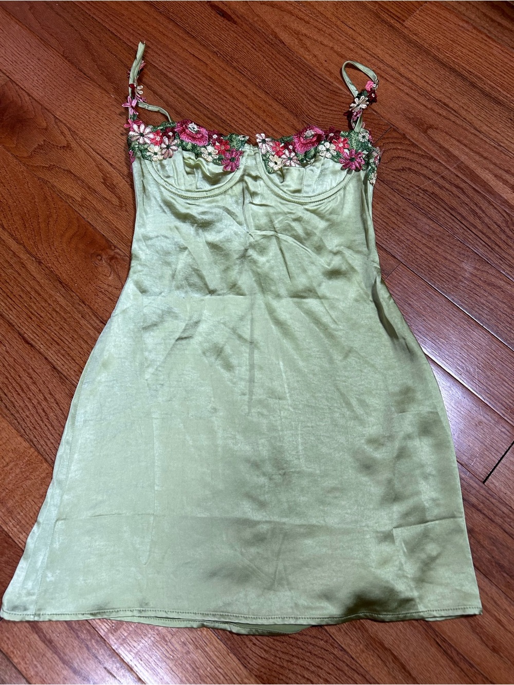 Princess Polly Light Green Satin Slip Dress with Floral Embroidery